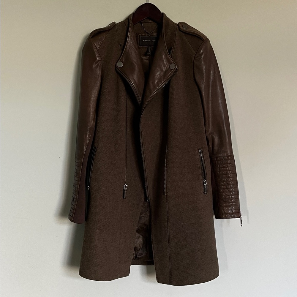 BCBGMaxAzria Army Green Wool coat jacket w100% brown leather collar & sleeves XS - Picture 8 of 13